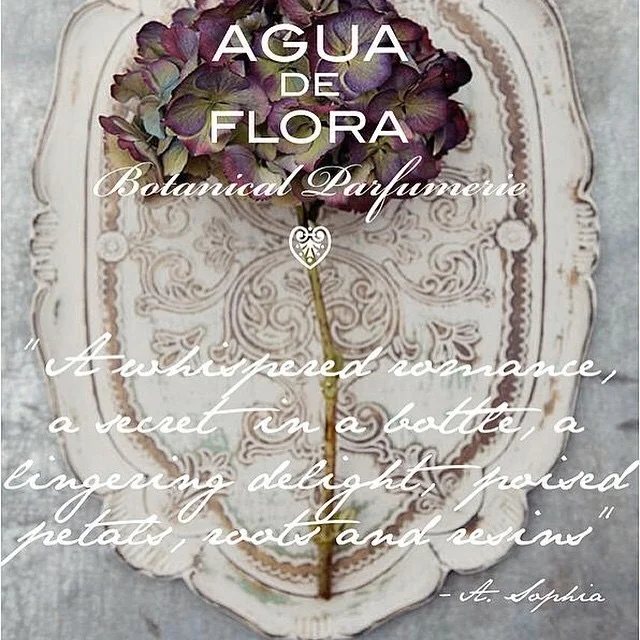 Agua de Flora Botanical Parfumerie, a vintage tray with hydrangea and script lettering