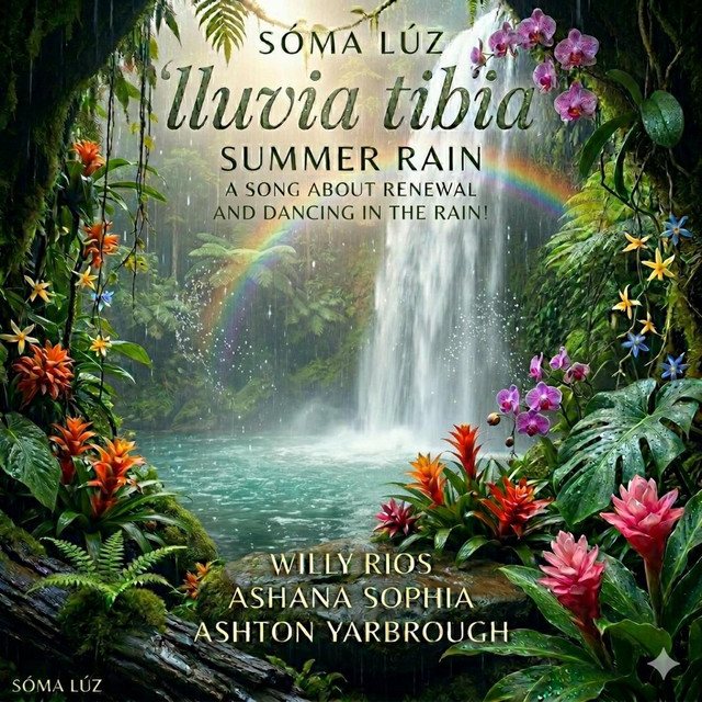 Lluvia Tibia (Summer Rain) cover art, a rainforest waterfall with orchids, heliconia and a rainbow