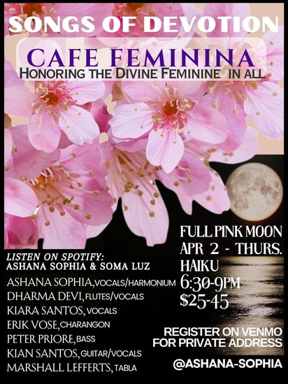 Flyer for Songs of Devotion, Cafe Feminina, honouring the divine feminine, cherry blossom and a full moon over water