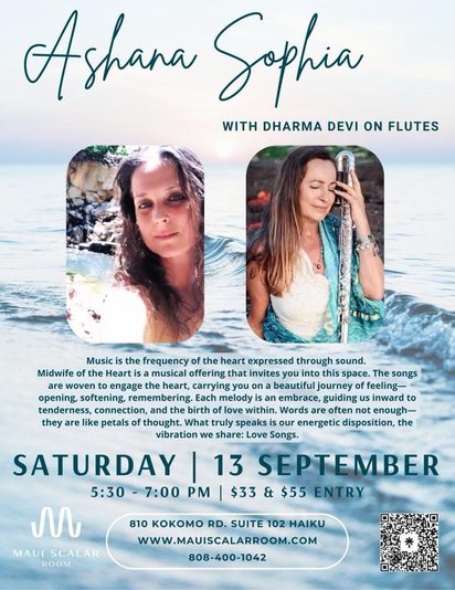 Flyer for Ashana Sophia with Dharma Devi on flutes, ocean horizon