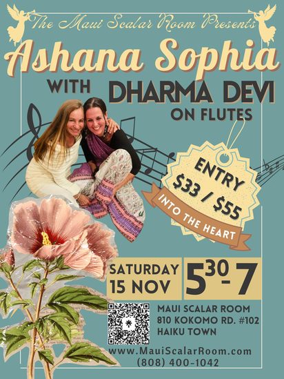 Flyer for Into the Heart with Dharma Devi on flutes, hibiscus and sheet music on soft blue