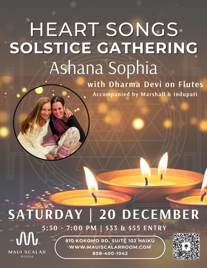 Flyer for the Heart Songs Solstice Gathering with Dharma Devi on flutes, candles in warm light