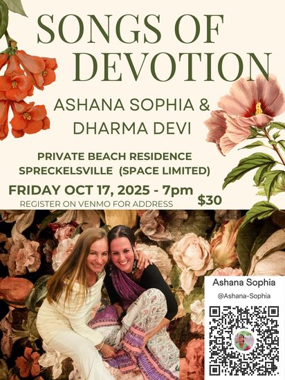 Flyer for Songs of Devotion with Dharma Devi at a private beach residence, orange hibiscus