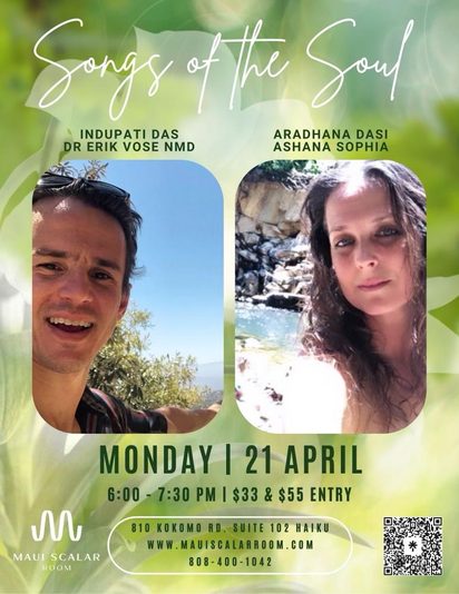 Flyer for Songs of the Soul with Indupati Das, green leaves and portraits